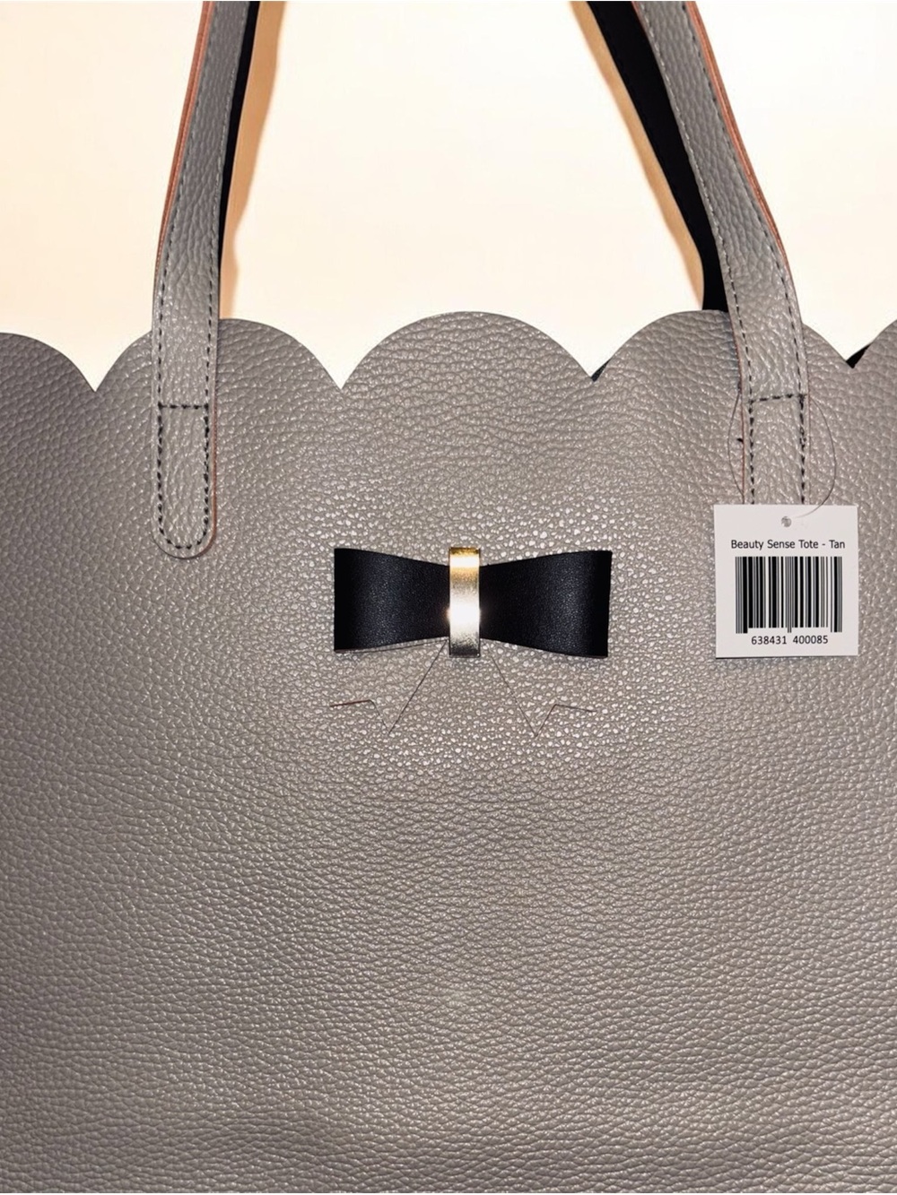 Scalloped Edge Taupe Tote with Black Bow - Picture 2 of 5
